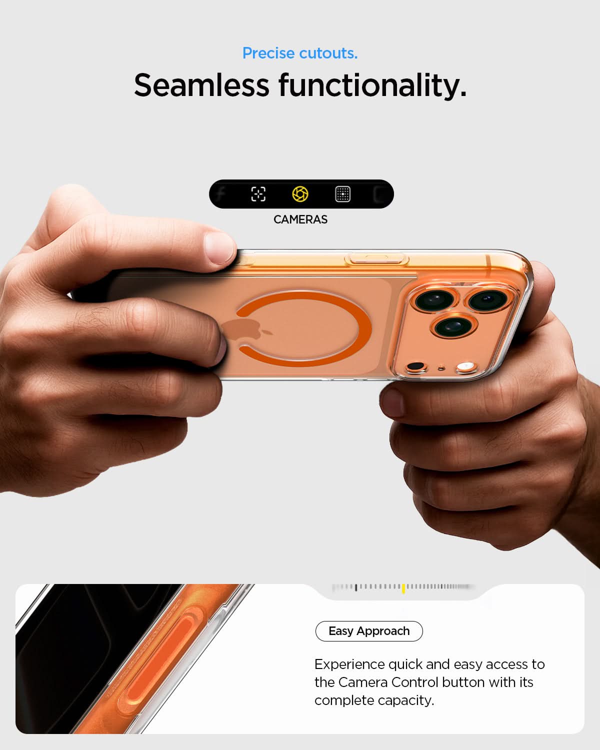 ACS11110 - iPhone 17 Pro Ultra Hybrid (MagFit) in Clear Orange showing precise cutouts. seamless functionality. easy approach. experience quick and easy access to the camera control button with its complete capacity.