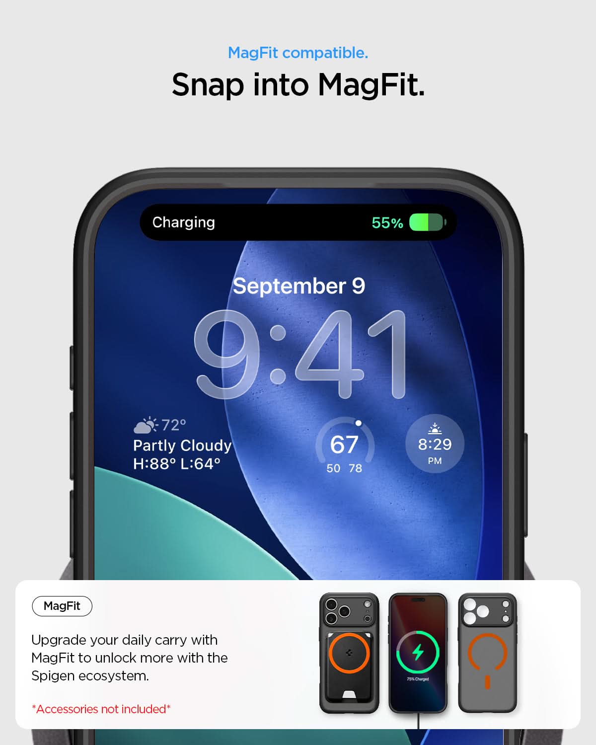 ACS10480 - iPhone 17 Pro Max Ultra Hybrid (MagFit) in Frost Black Orange showing magfit compatible. snap into magfit. upgrade your daily carry with magfit to unlock more with the spigen ecosystem.