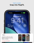 ACS10481 - iPhone 17 Pro Ultra Hybrid (MagFit) in Frost Black Orange showing magfit compatible. snap into magfit. upgrade your daily carry with magfit to unlock more with the spigen ecosystem.