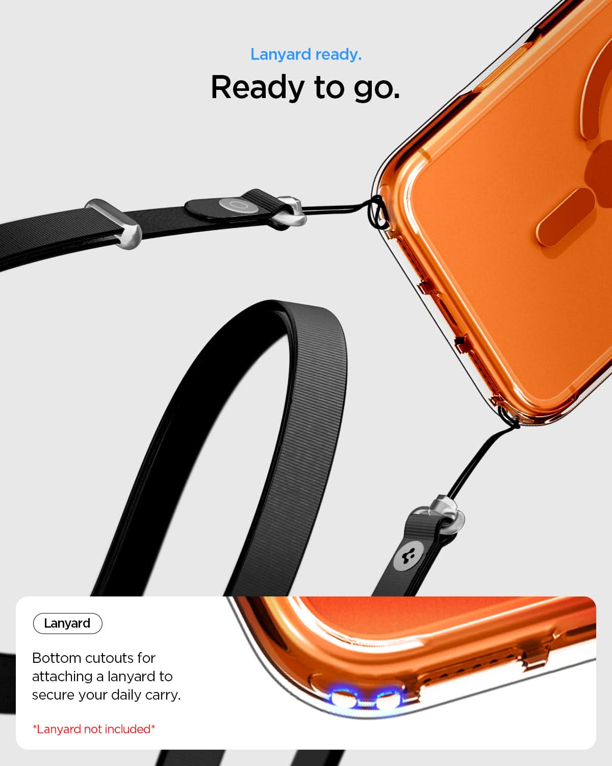ACS11110 - iPhone 17 Pro Ultra Hybrid (MagFit) in Clear Orange showing lanyard ready to go. bottom cutouts for attaching a lanyard to secure our daily carry