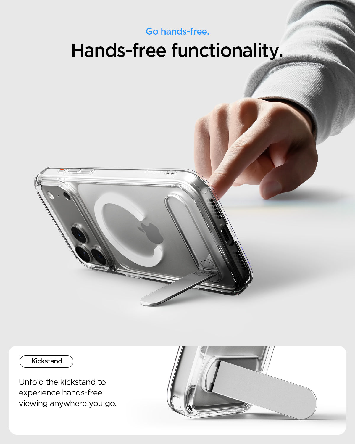 ACS09946 - iPhone 17 Pro Case Ultra Hybrid S (MagFit) showing the hands free functionality. Unfold the kickstand to experience hands free viewing anywhere you go.