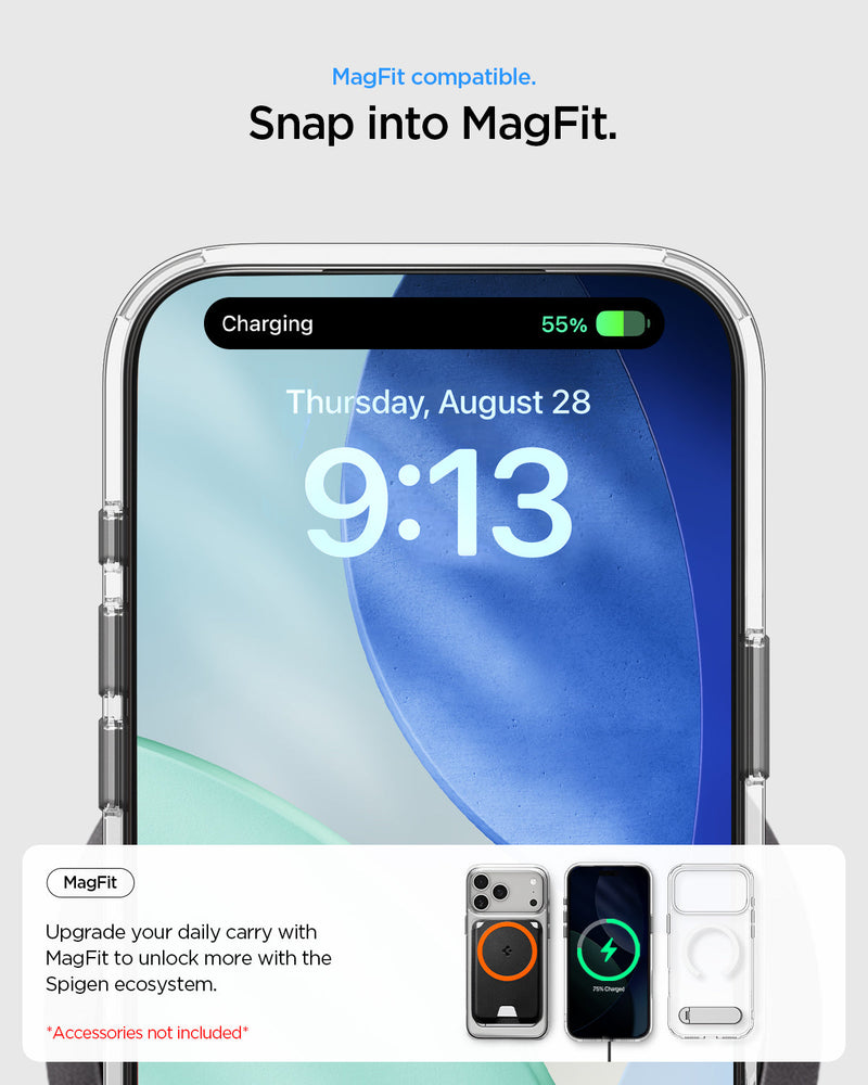 ACS09893 - iPhone 17 Pro Max Case Ultra Hybrid S (MagFit) showing the MagFit compatibility. Snap into MagFit. Upgrade daily carry with MagFit to unlock more with Spigen ecosystem.