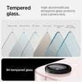 AGL09279 - iPhone 17e Optik Pro EZ Fit Lens Protector in Black showing high aluminosilicate tempered glass protects your camera lens. Parts of the glass: Release Film, Silicone Resin, PET Base, OCA Layer, 9H Tempered Glass and Anti-Dust Nano Coating