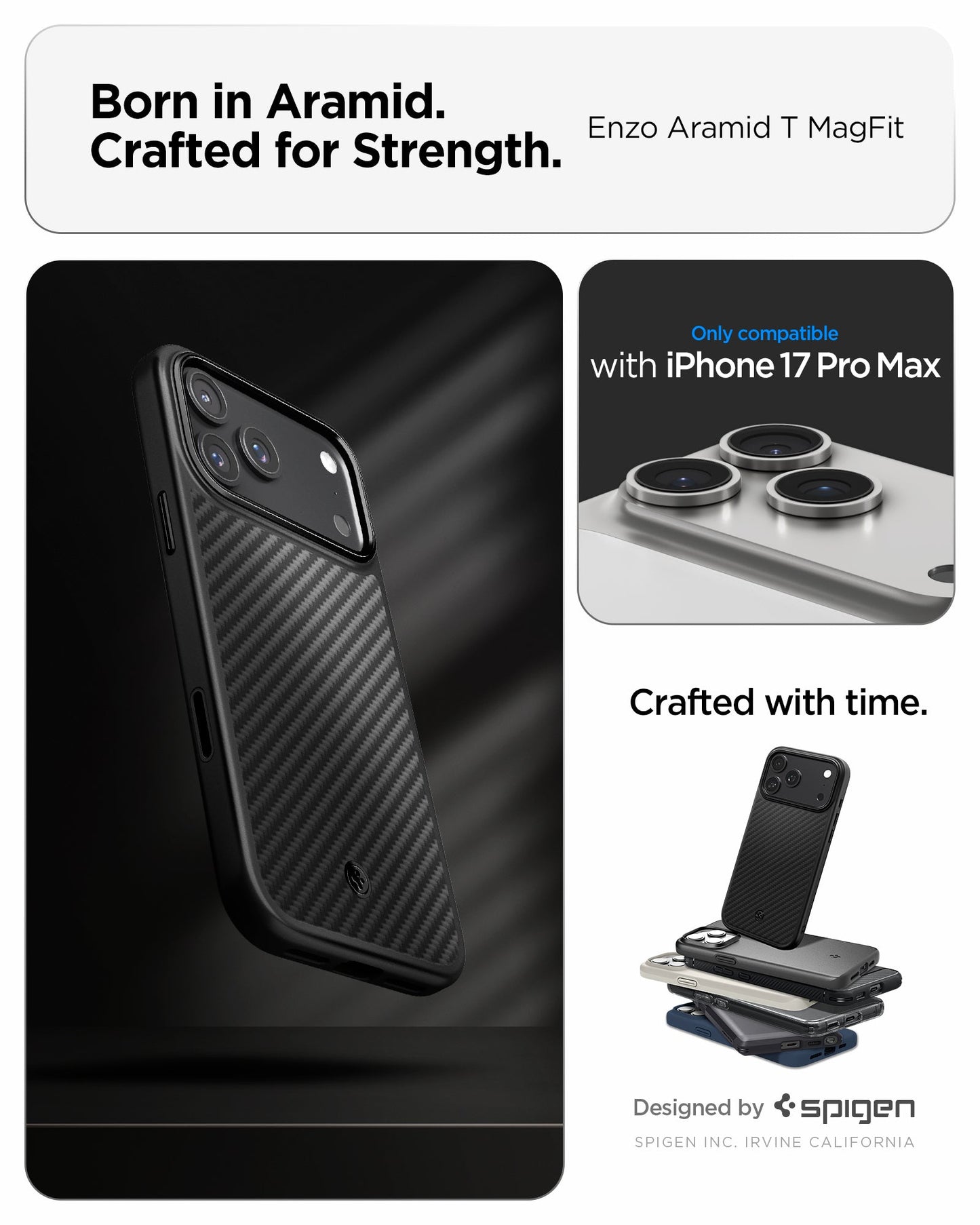 ACS09906 - iPhone 17 Pro Max Case Enzo Aramid T in black showing the born in aramid, crafted for strength. Only compatible with iphone 17 pro max