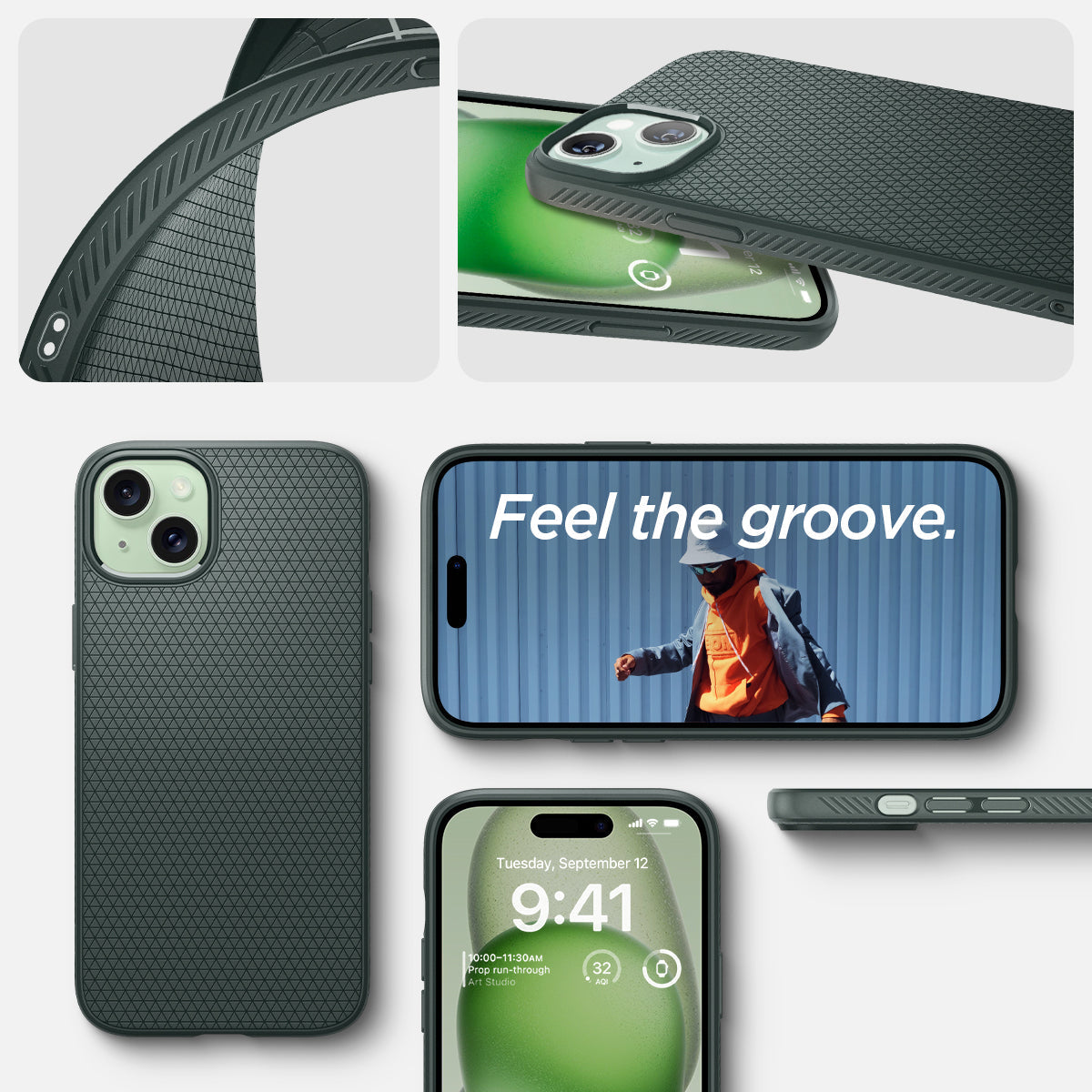ACS06792 - iPhone 15 Case Liquid Air in abyss green showing the different angles