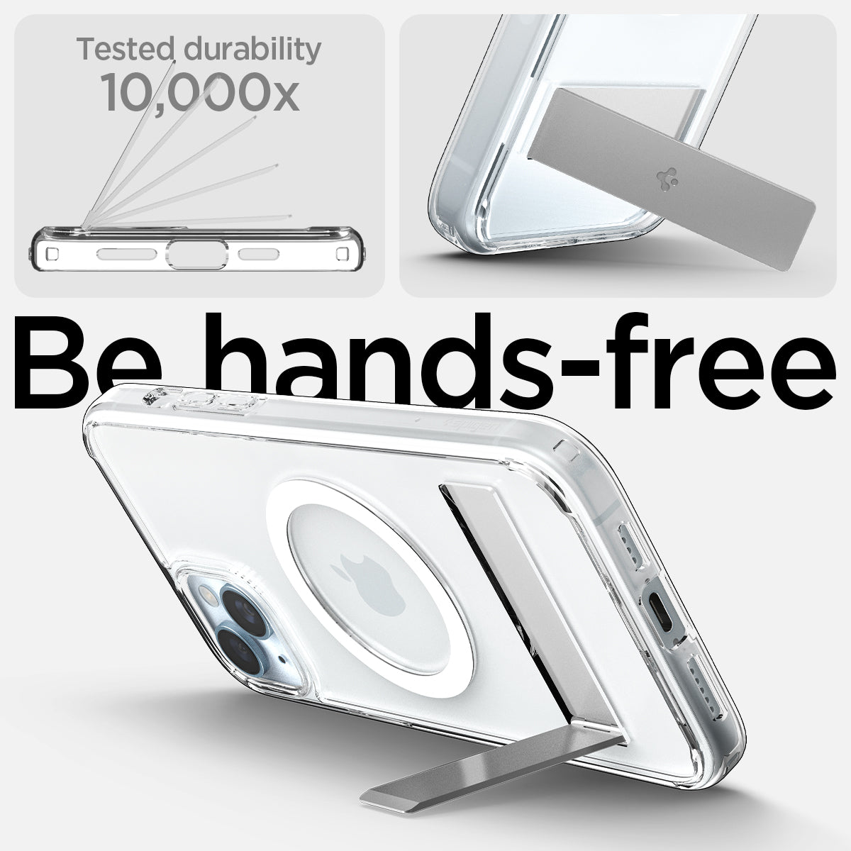 ACS06665 - iPhone 15 Plus Case Ultra Hybrid S (MagFit) in crystal clear showing the tested durability, 10,000x with built-in kickstand for hands-free viewing