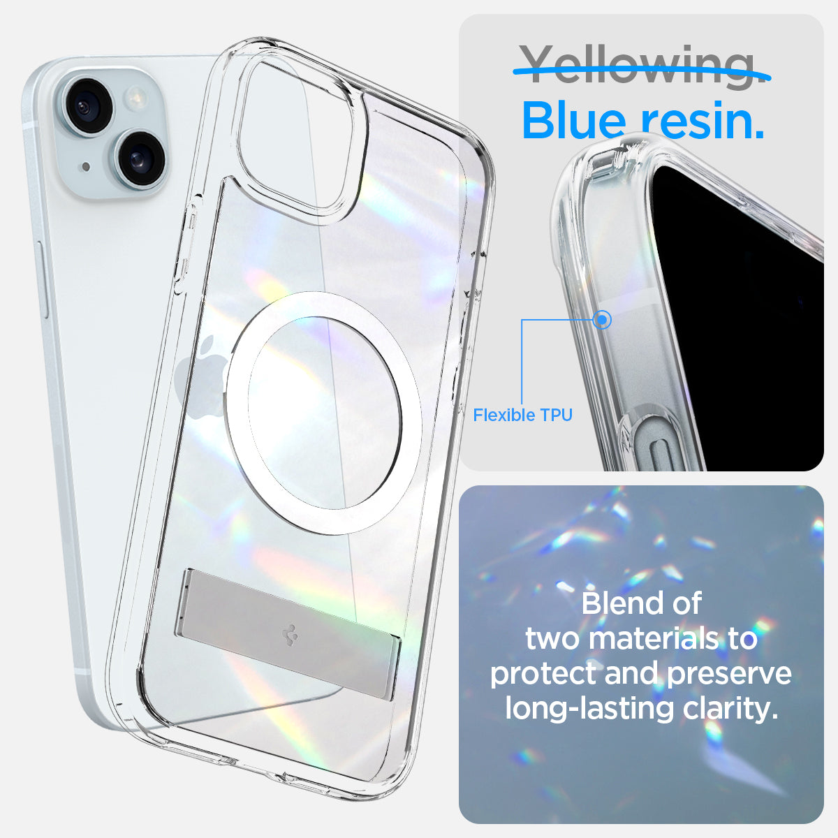 ACS06665 - iPhone 15 Plus Case Ultra Hybrid S (MagFit) in crystal clear showing the blend of two materials to protect and preserve long-lasting clarity with flexible TPU and blue resin