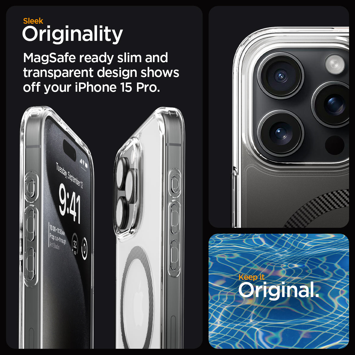 ACS06717 - iPhone 15 Pro Case Ultra Hybrid (MagFit) in carbon fiber sleek originality. Magsafe ready slim and transparent design shows off your iPhone 15 pro. keep it original.