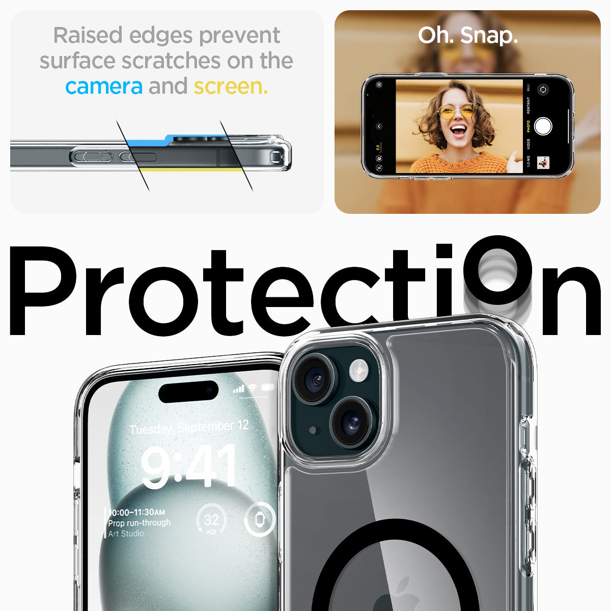 ACS06803 - iPhone 15 Case Ultra Hybrid (MagFit) in black showing the protection