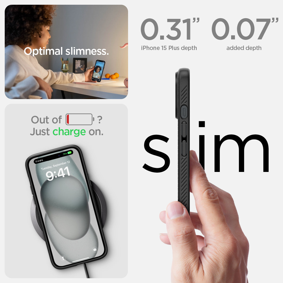 ACS06650 - iPhone 15 Plus Case Liquid Air in matte black  the 0.31" iPhone 16 Plus depth. 0.06" added depth optimal slimness. out of battery? just charge on.