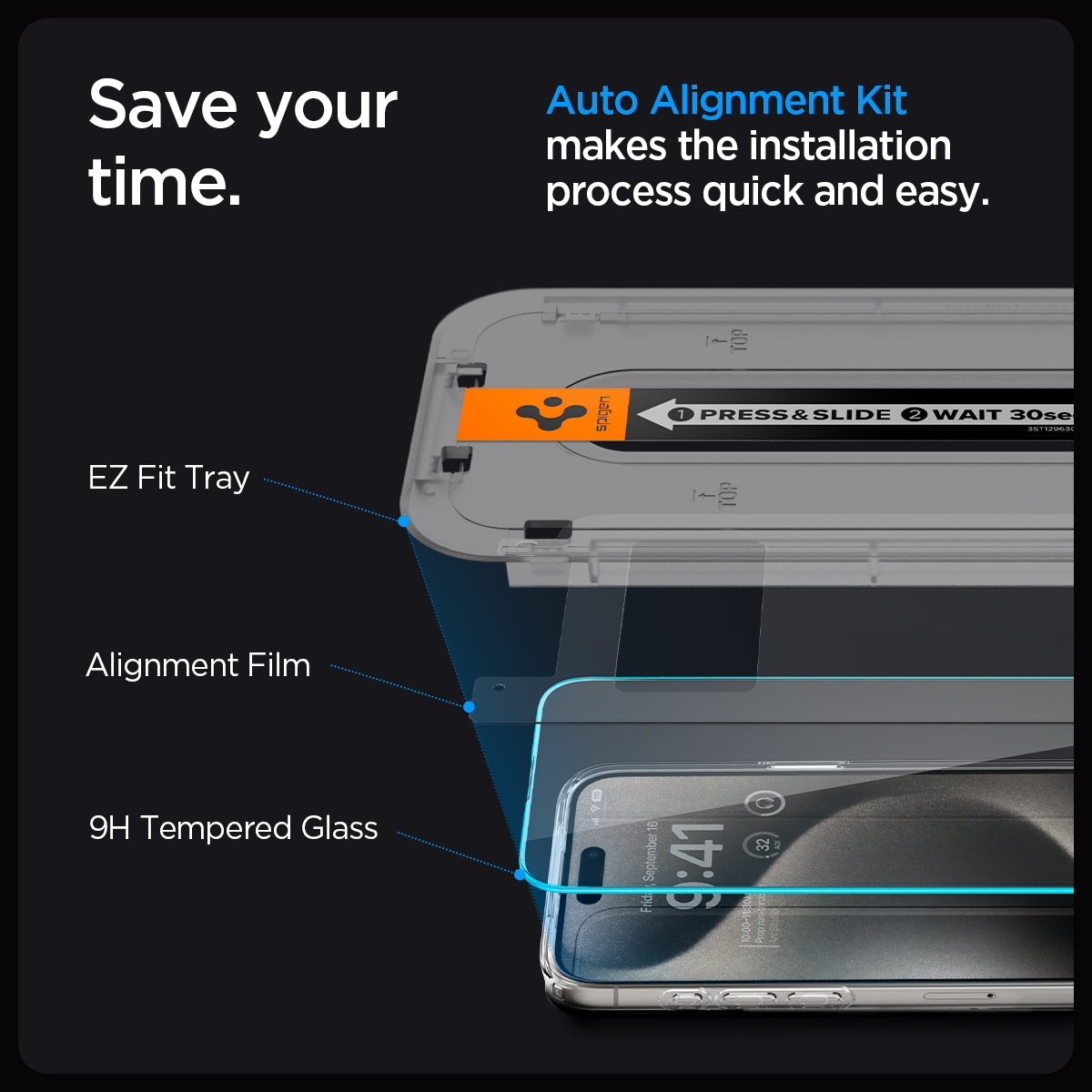 ACS06861 - iPhone 15 Pro Max Case Ultra Hybrid (MagFit) Pack save your time. auto alignment kit makes the installation process quick and easy. EZ Fit tray, Alignment film, 9H tempered glass.
