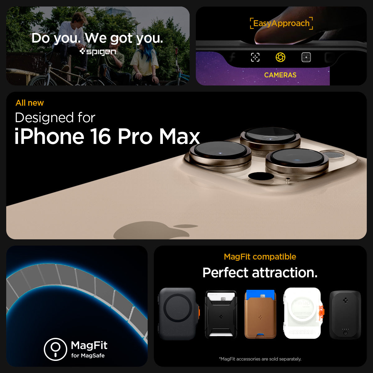 ACS07987 - iPhone 16 Pro Max Case Rugged Armor (MagFit) in Gray showing the EasyApproach. MagFit compatible. Compatibility only with iPhone 16 Pro Max