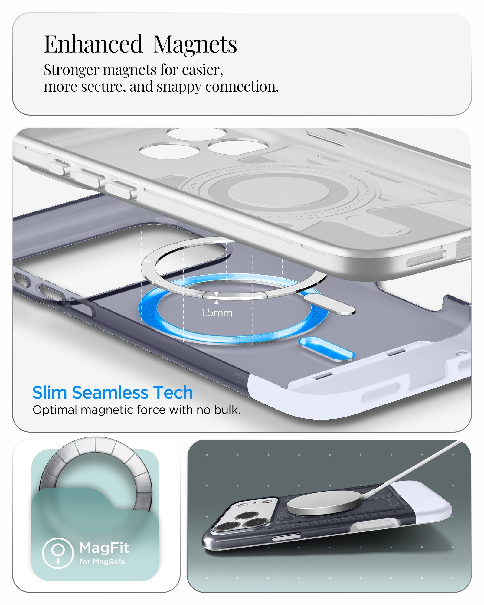 ACS09960 - iPhone 17 Pro Case Classic C1 (MagFit) in graphite showing enhanced magnets. stronger magnets for easier more secure and snappy connection. slim seamless tech. optimal magnetic force with no bulk.