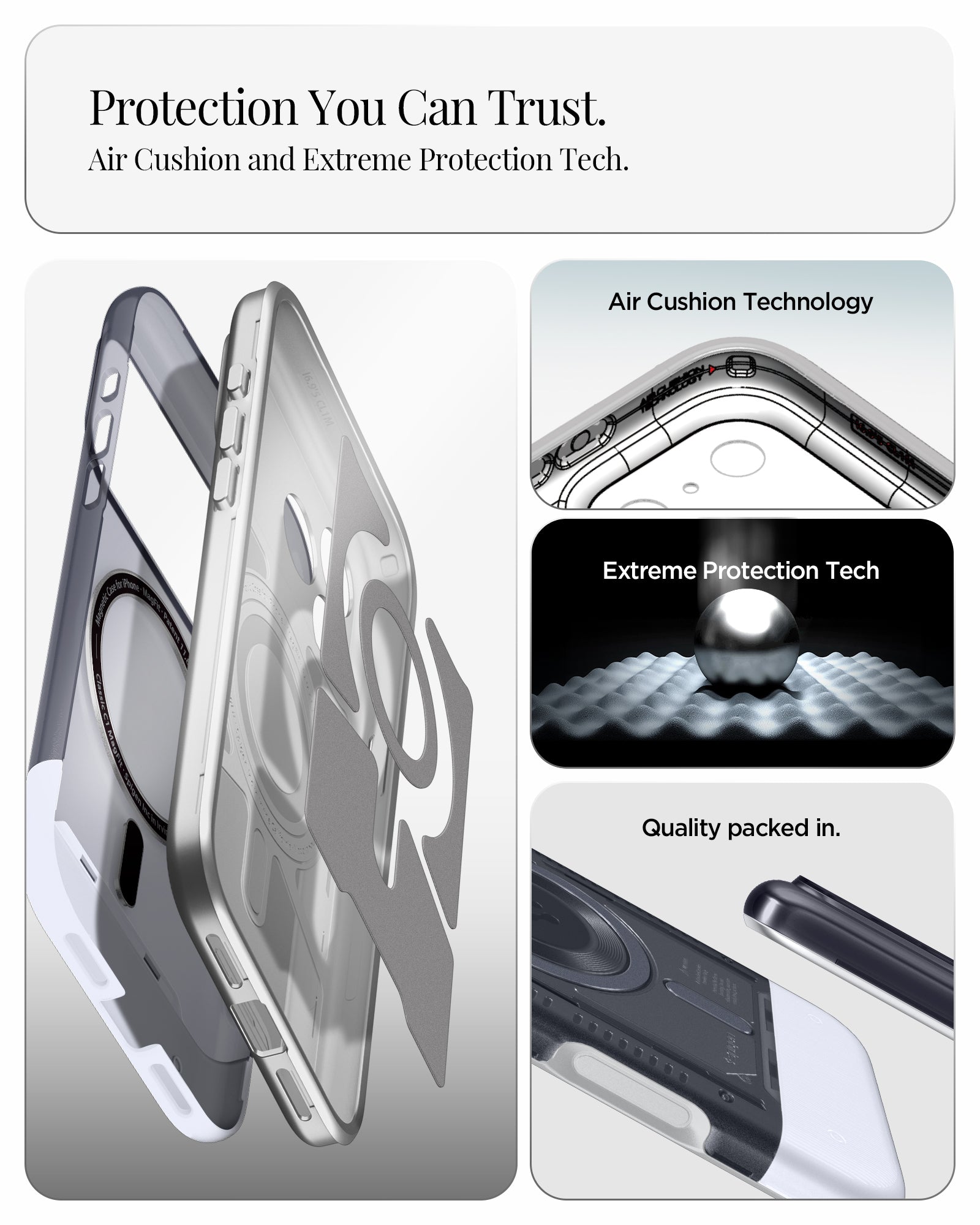ACS09960 - iPhone 17 Pro Case Classic C1 (MagFit) in graphite showing protection you can trust. air cushion and extreme protection tech.