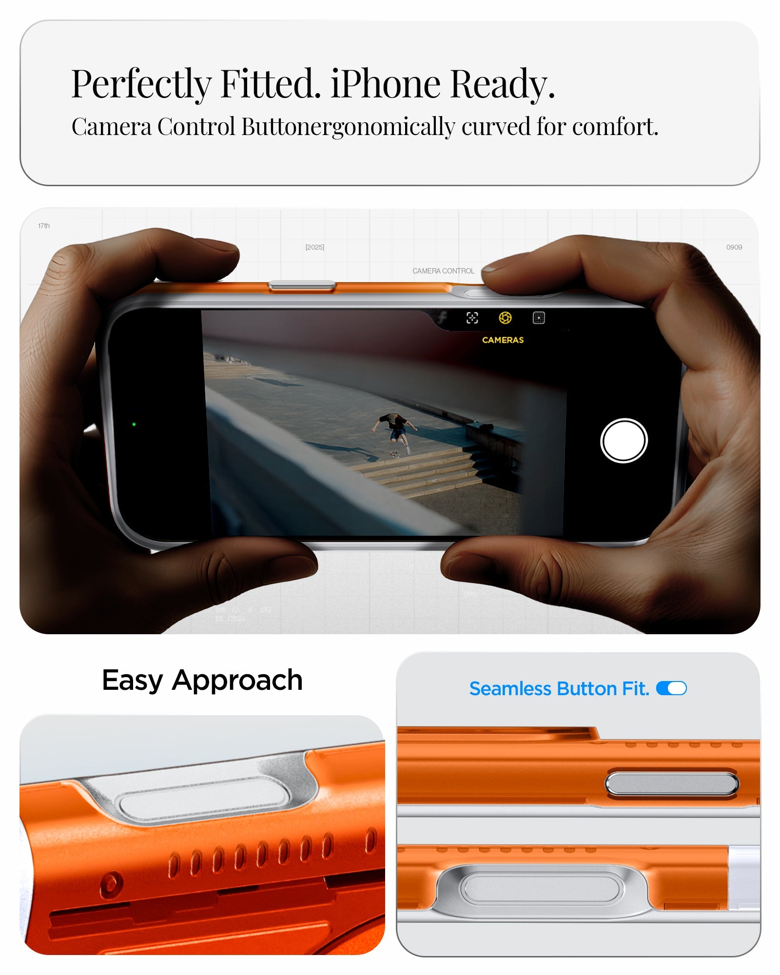 ACS09963 - iPhone 17 Pro Case Classic C1 (MagFit) in tangerine showing perfectly fitted. iPhone ready. camera control button ergonomically curved for comfort. easy approach. seamless button fit.