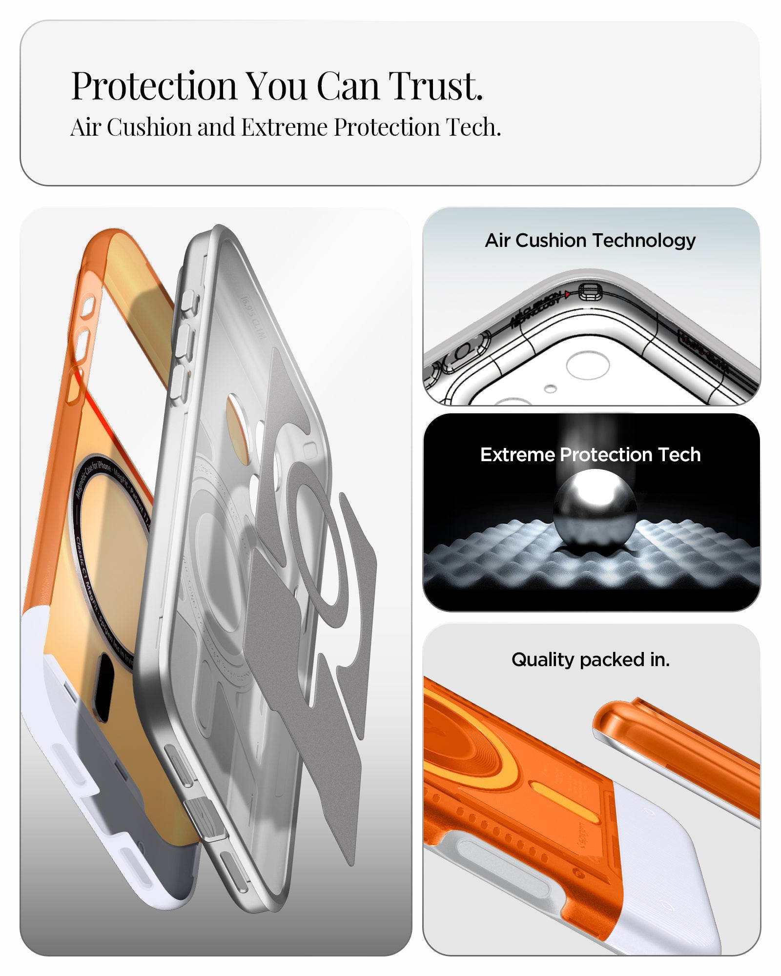 ACS09963 - iPhone 17 Pro Case Classic C1 (MagFit) in tangerine showing protection you can trust. air cushion and extreme protection tech.