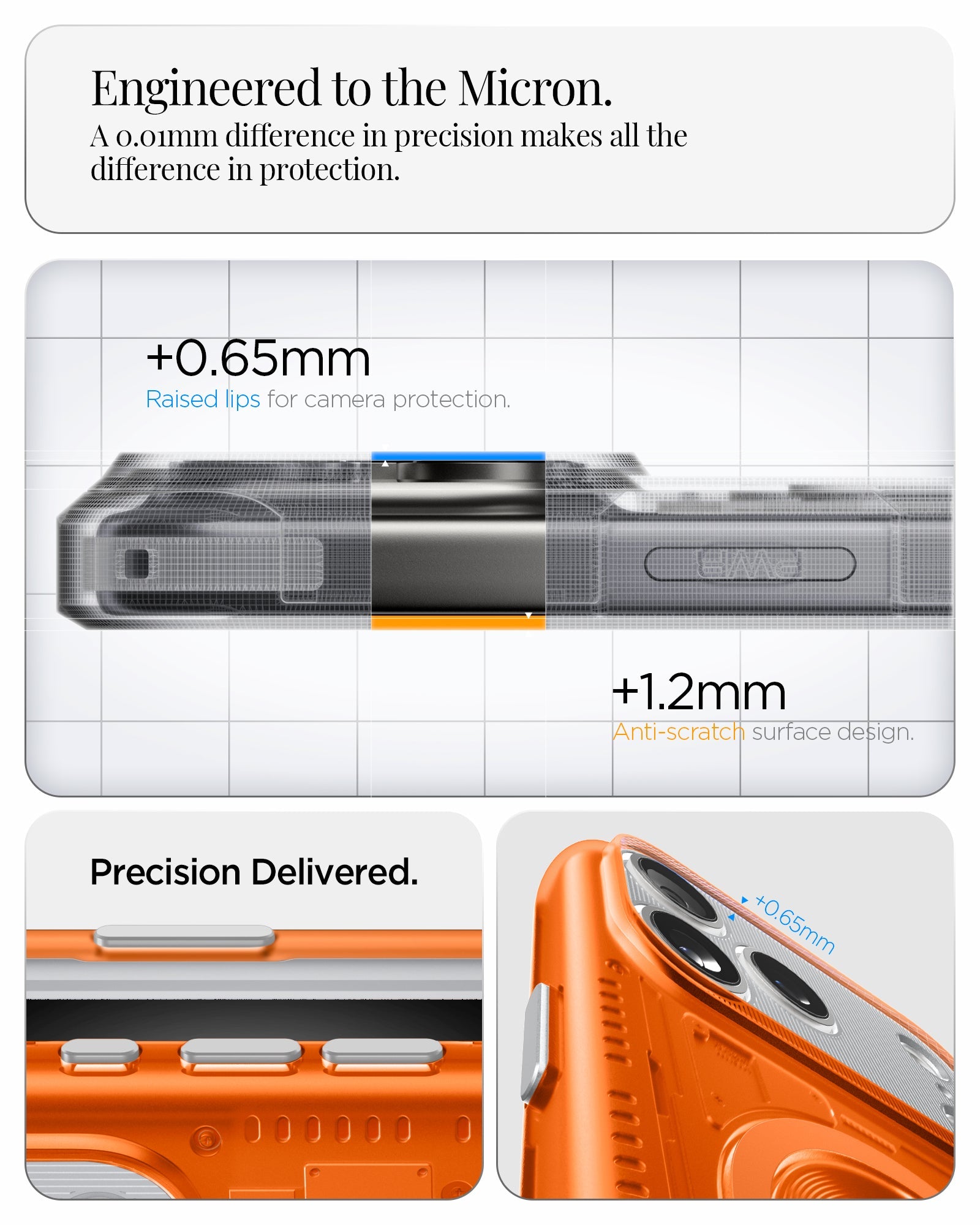 ACS09963 - iPhone 17 Pro Case Classic C1 (MagFit) in tangerine showing engineered to the micron. A 0.01mm difference in precision makes all the difference in protection. precise delivered