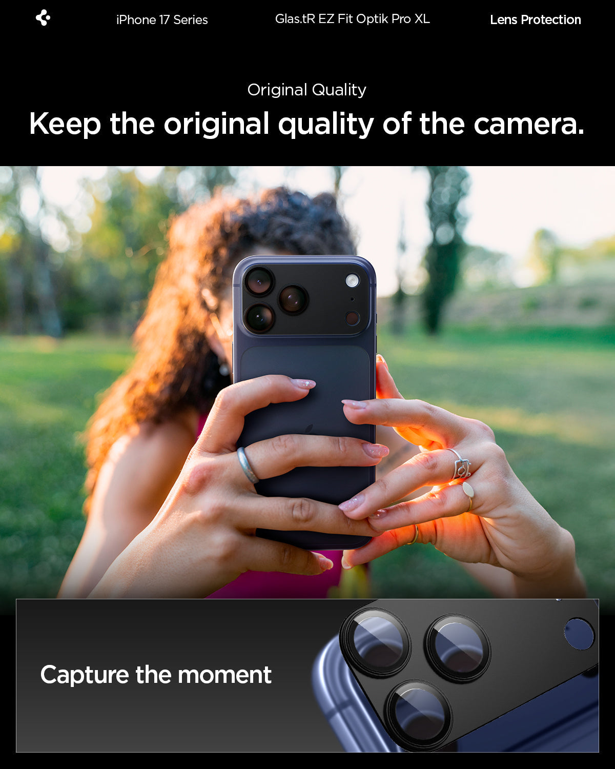AGL10644 - iPhone 17 Pro Optik Pro XL EZ Fit Lens Protector in black showing keeping the original quality of the camera
