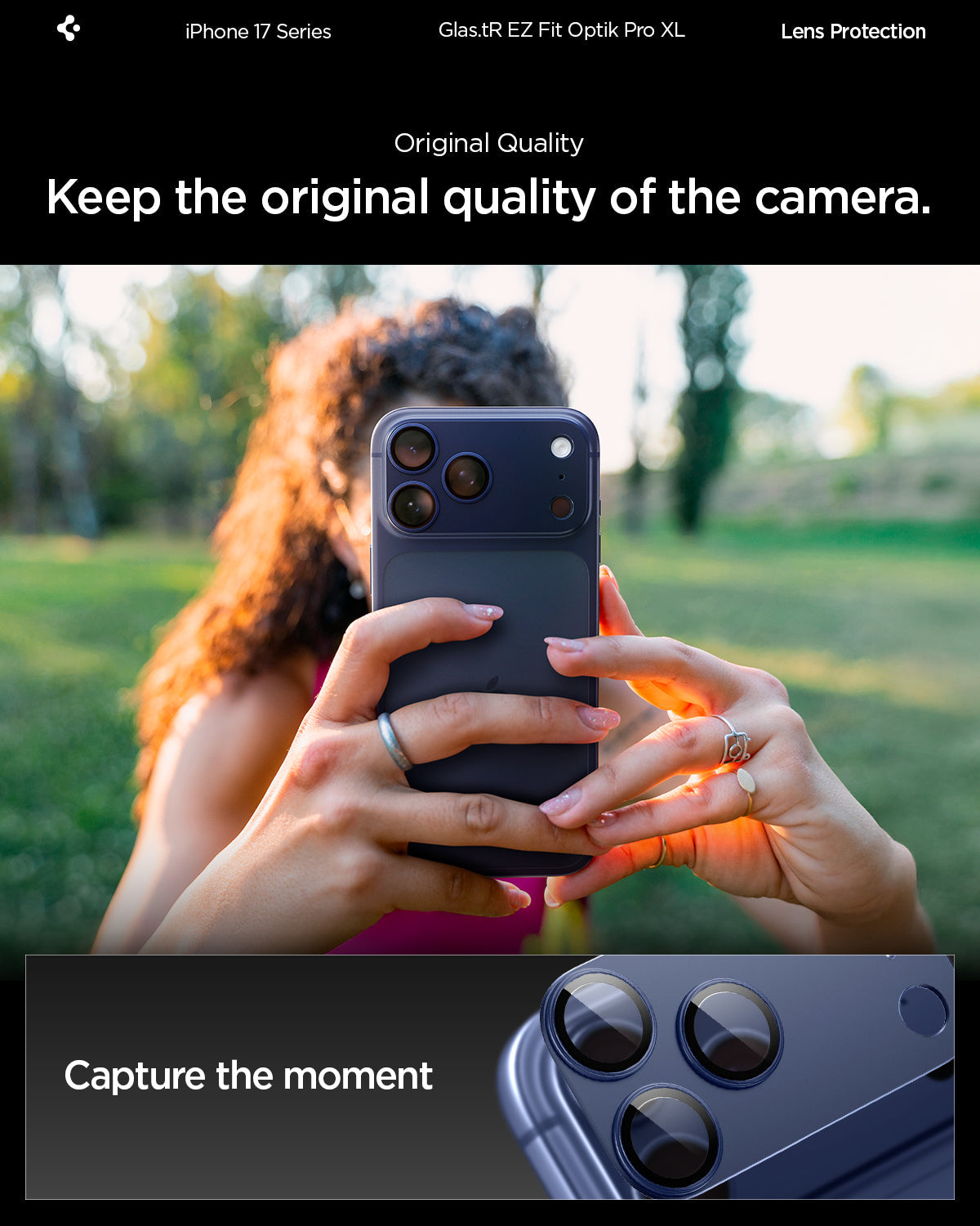 AGL10646 - iPhone 17 Pro Optik Pro XL EZ Fit Lens Protector in blue showing keeping the original quality of the camera