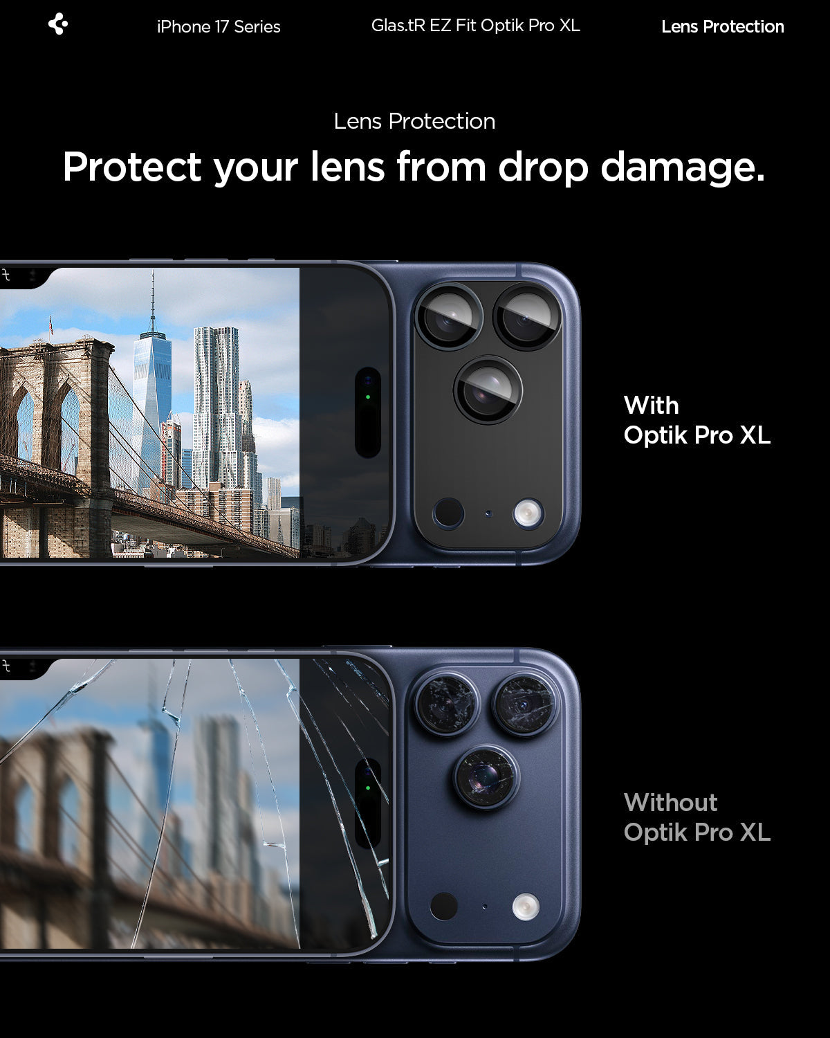 AGL10644 - iPhone 17 Pro Optik Pro XL EZ Fit Lens Protector in black showing how it protects your lens from drop damage