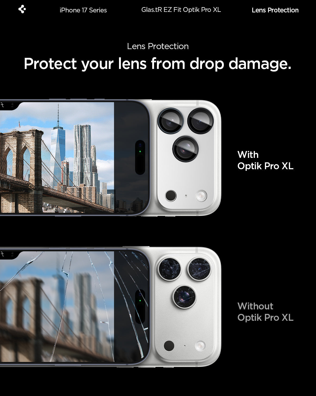 AGL10647 - iPhone 17 Pro Optik Pro XL EZ Fit Lens Protector in silver showing how it protects your lens from drop damage