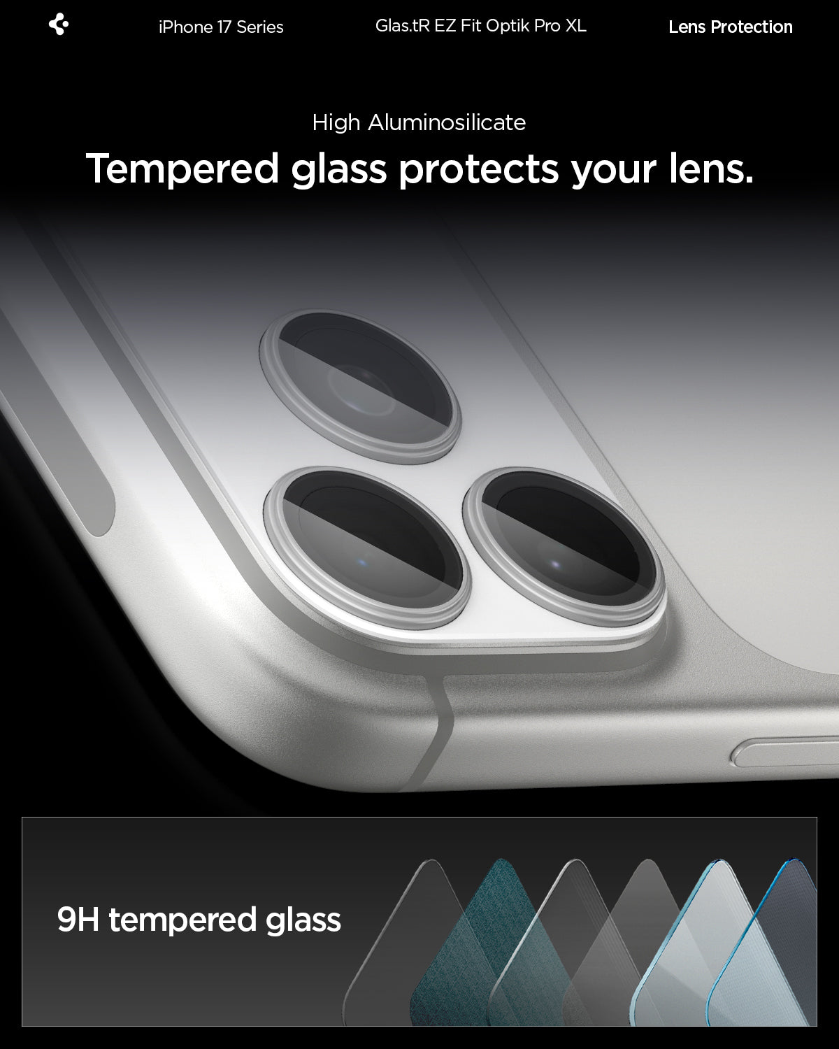 AGL10647 - iPhone 17 Pro Optik Pro XL EZ Fit Lens Protector in silver showing the High Aluminosilicate Tempered glass protects your lens with 9H tempered glass