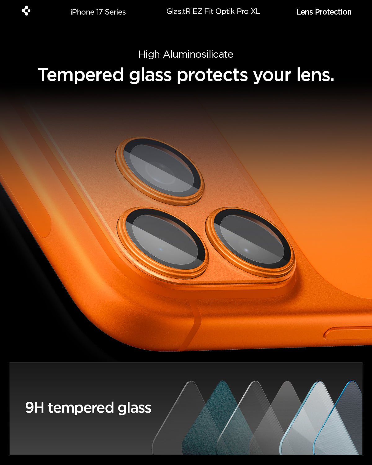 AGL10645 - iPhone 17 Pro Optik Pro XL EZ Fit Lens Protector in orange showing the High Aluminosilicate Tempered glass protects your lens with 9H tempered glass