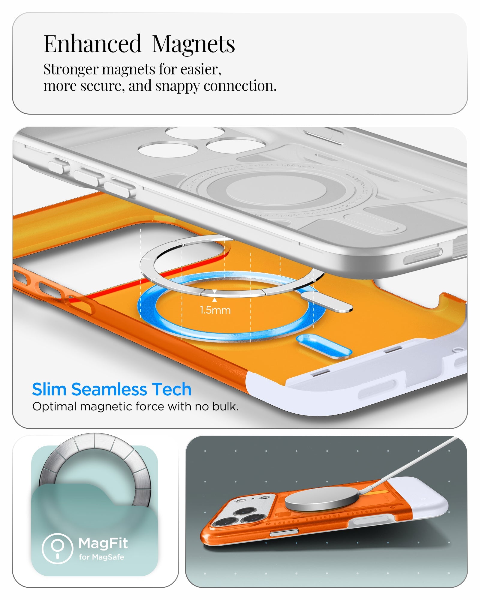 ACS09910 - iPhone 17 Pro Max Case Classic C1 (MagFit) in tangerine showing enhanced magnets. stronger magnets for easier more secure and snappy connection. slim seamless tech. optimal magnetic force with no bulk.