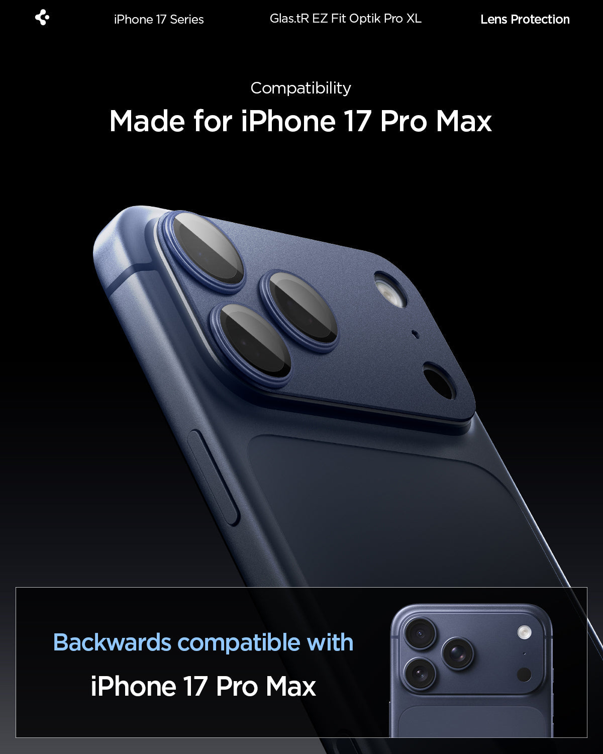 AGL10651 - iPhone 17 Pro Max Optik Pro XL EZ Fit Lens Protector in blue showing the compatibility only with iPhone 17 Pro Max