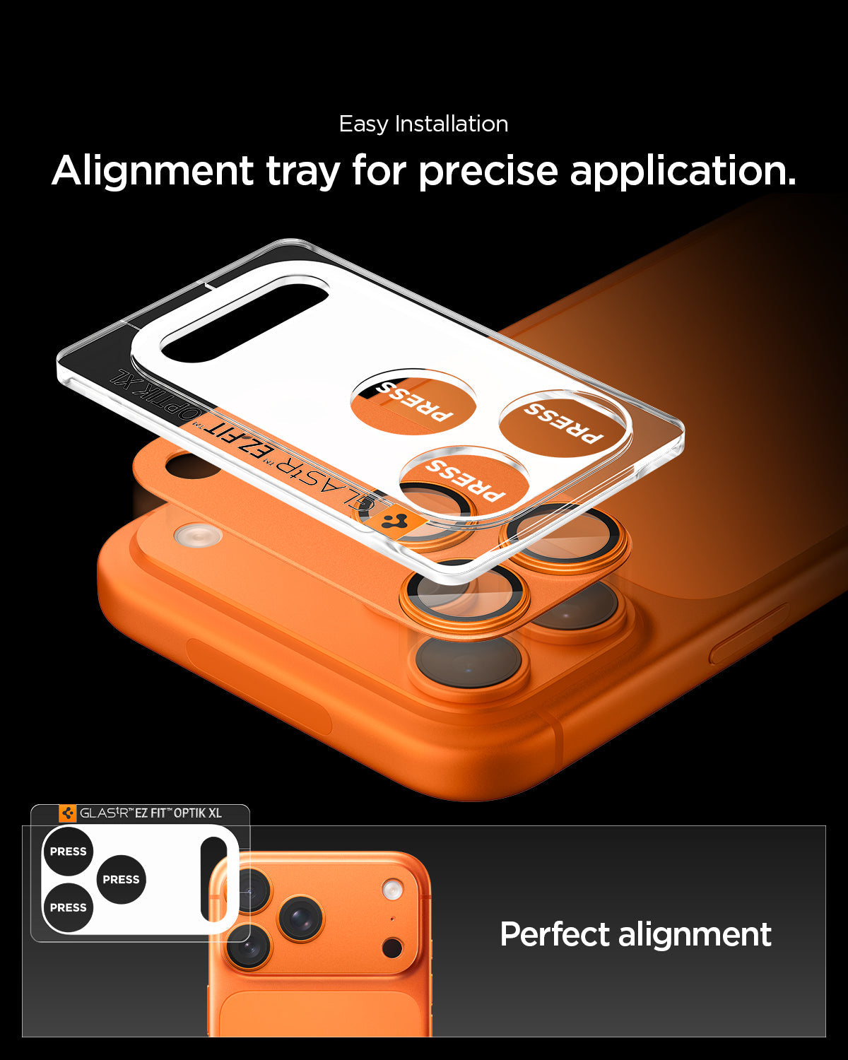 AGL10650 - iPhone 17 Pro Max Optik Pro XL EZ Fit Lens Protector in orange showing the alignment tray for precise application, achieve perfect alignment