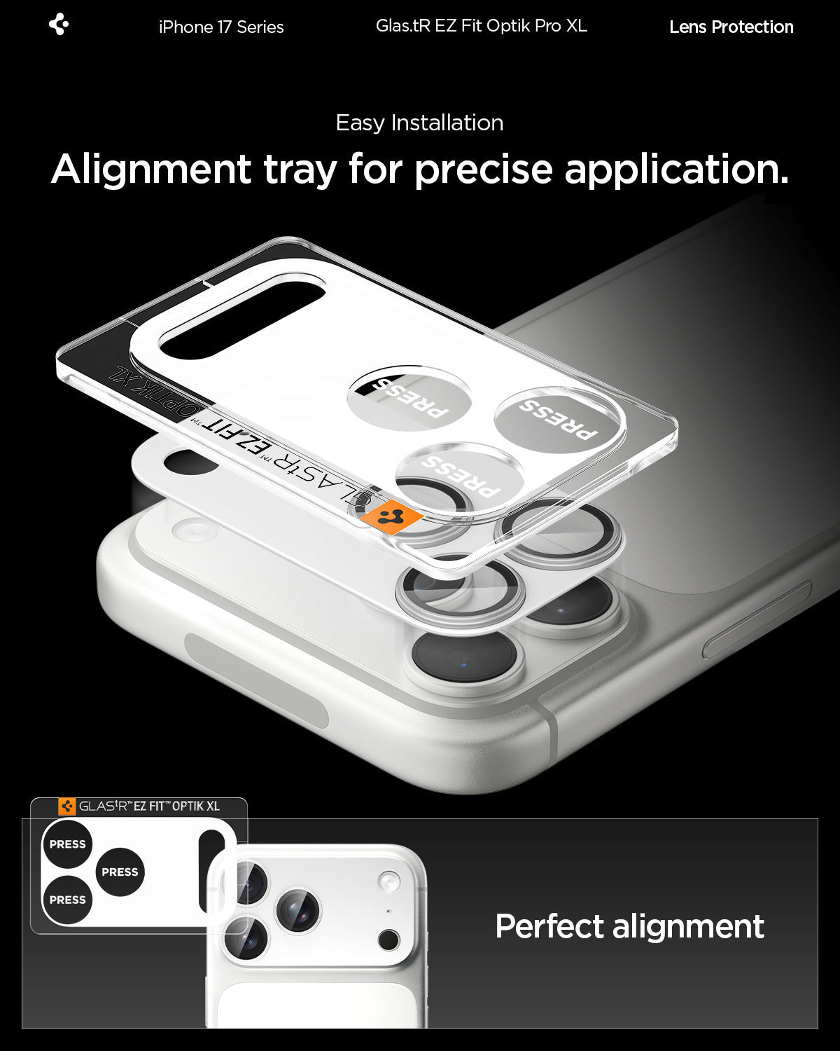 AGL10652 - iPhone 17 Pro Max Optik Pro XL EZ Fit Lens Protector in silver showing the alignment tray for precise application, achieve perfect alignment
