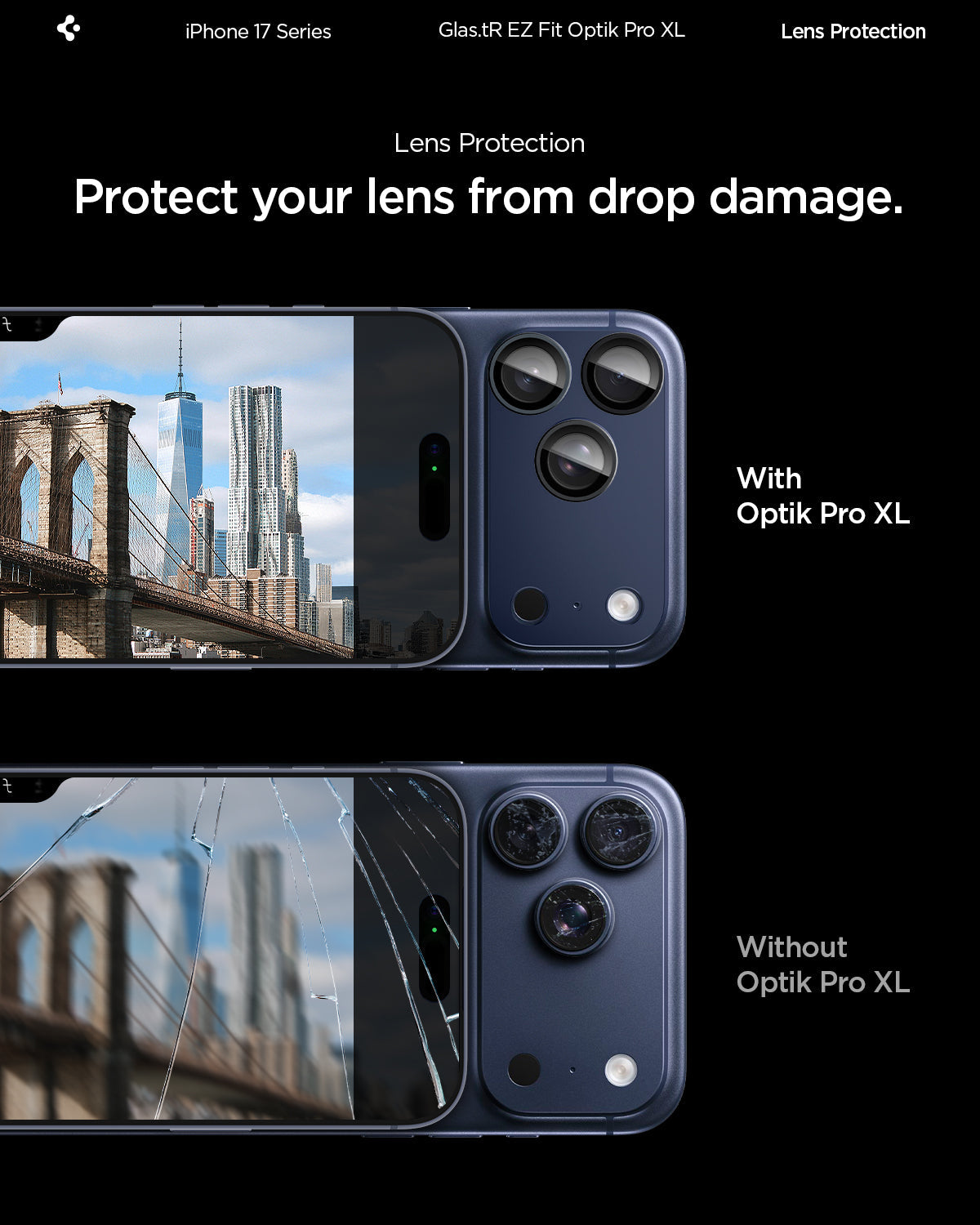 AGL10651 - iPhone 17 Pro Max Optik Pro XL EZ Fit Lens Protector in blue showing how it protects your lens from drop damage