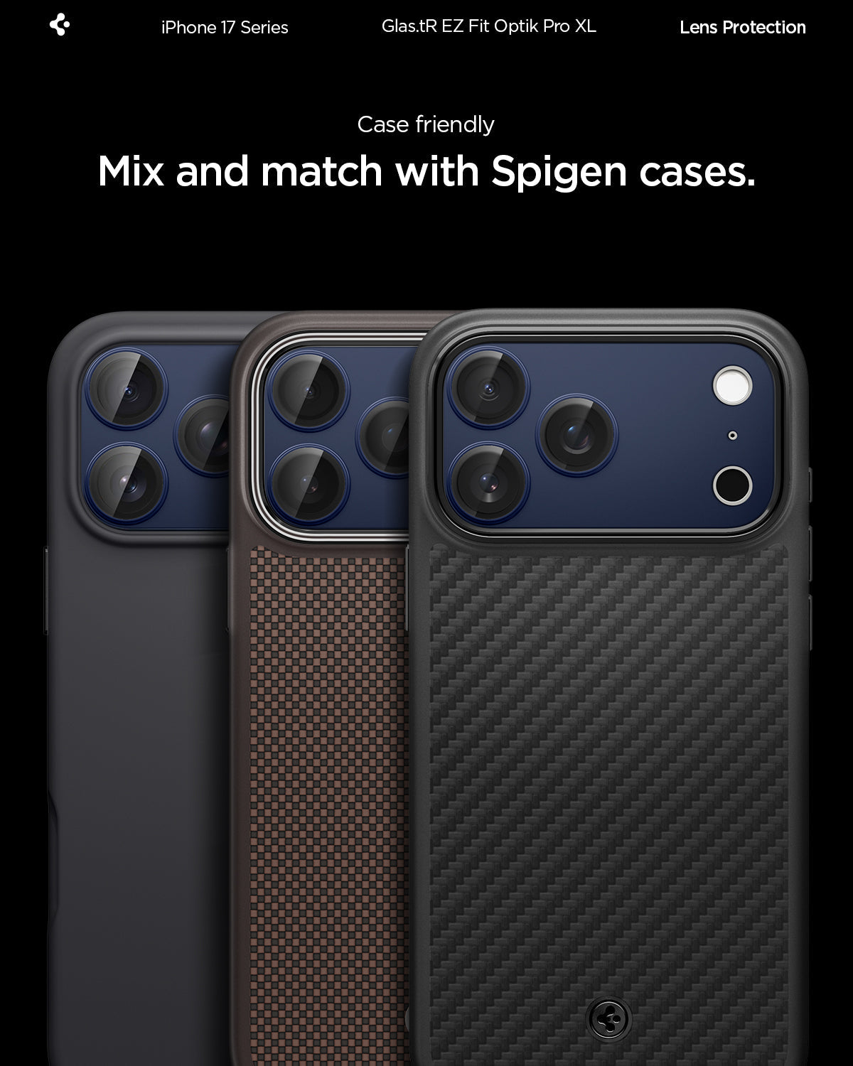 AGL10651 - iPhone 17 Pro Max Optik Pro XL EZ Fit Lens Protector in blue showing the case friendly, mix and match with Spigen cases