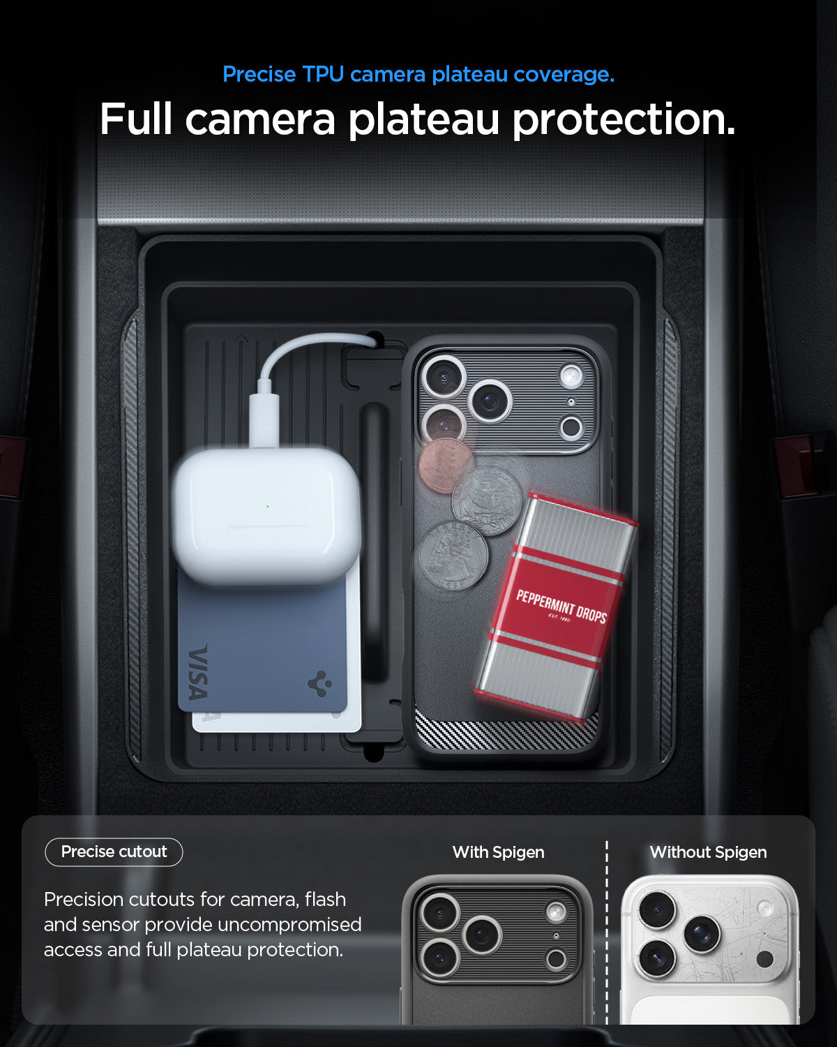 ACS09886 - iPhone 17 Pro Max Rugged Armor (MagFit) in Matte Black showing precise TPU camera plateau coverage. Full camera plateau protection.