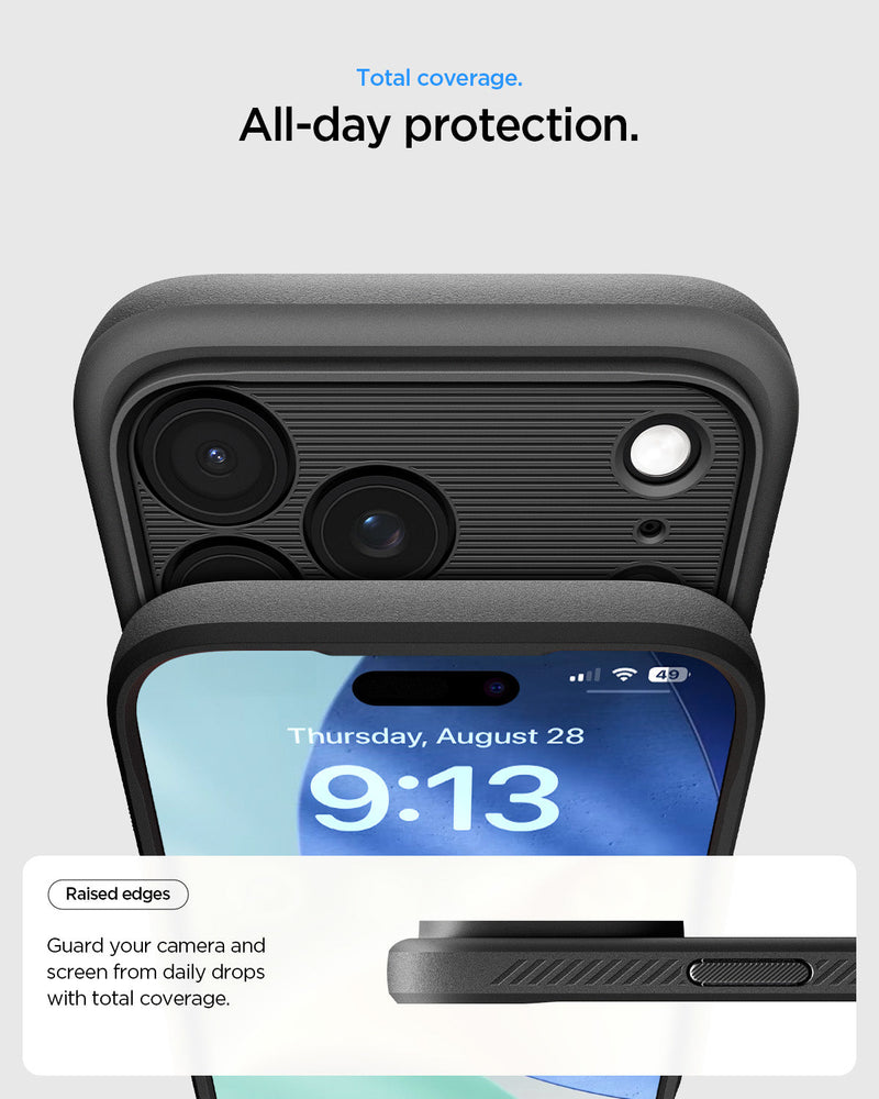  ACS09886 - iPhone 17 Pro Max Rugged Armor (MagFit) in Matte Black showing total coverage. all day protection. Raised edges. Guard your camera and screen from daily drops with total coverage