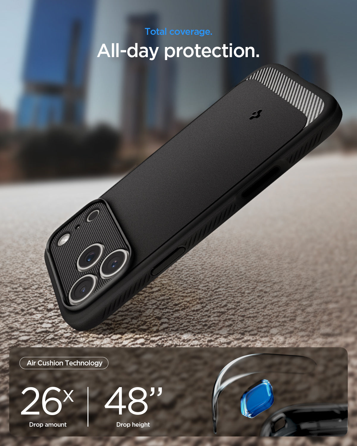 ACS09886 - iPhone 17 Pro Max Rugged Armor (MagFit) in Matte Black showing total coverage. all day protection