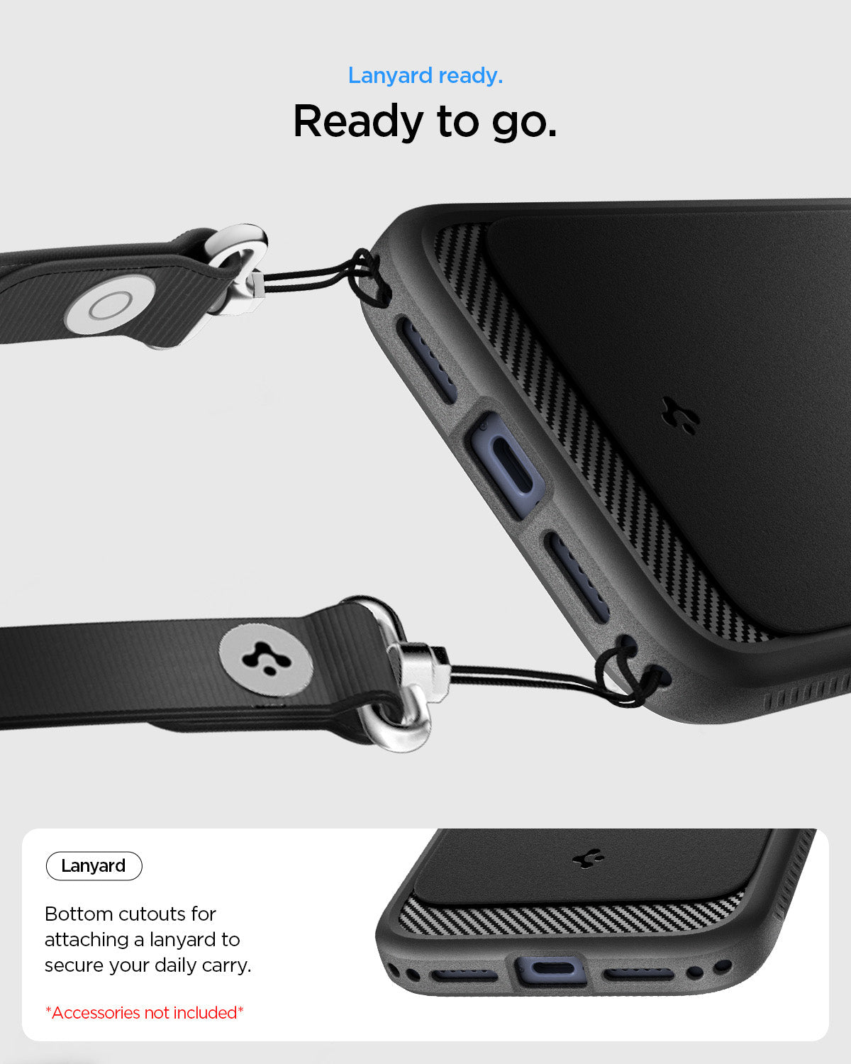 ACS09886 - iPhone 17 Pro Max Rugged Armor (MagFit) in Matte Black showing lanyard ready. ready to go