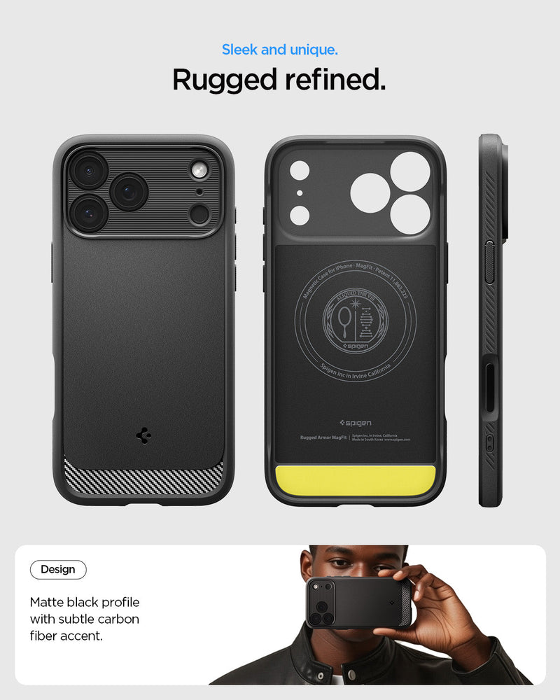 ACS09940 - iPhone 17 Pro Rugged Armor (MagFit) in Matte Black showing grab phone case with hand.