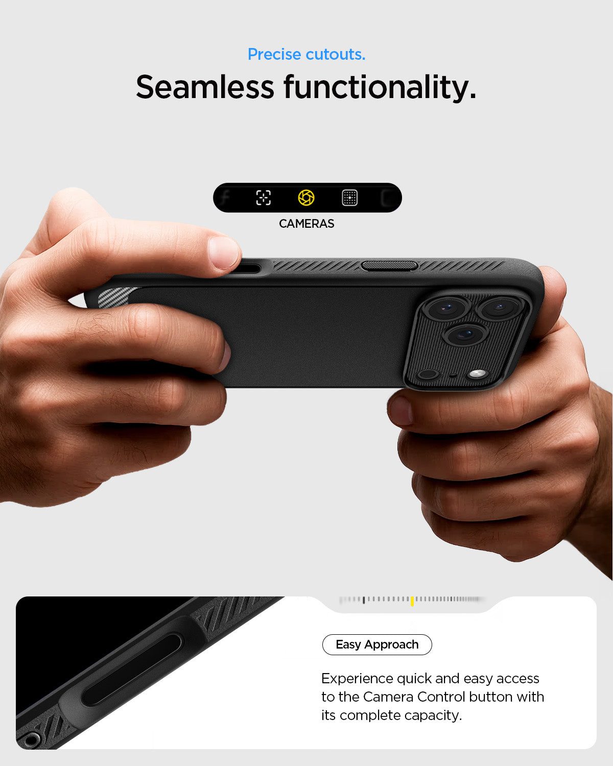 ACS09940 - iPhone 17 Pro Rugged Armor (MagFit) in Matte Black showing precise cutouts. seamless functionality. Easy approach. Experience quick and easy access to the camera control button with its complete acapacity.