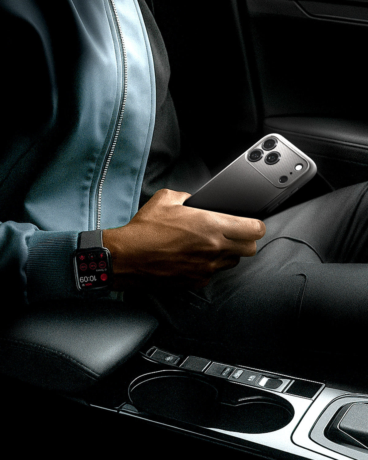 ACS09941 - iPhone 17 Pro Rugged Armor (MagFit) in Gray showing sleek and unique. Rugged refined. Matte black profile with subtle carbon fiber accent