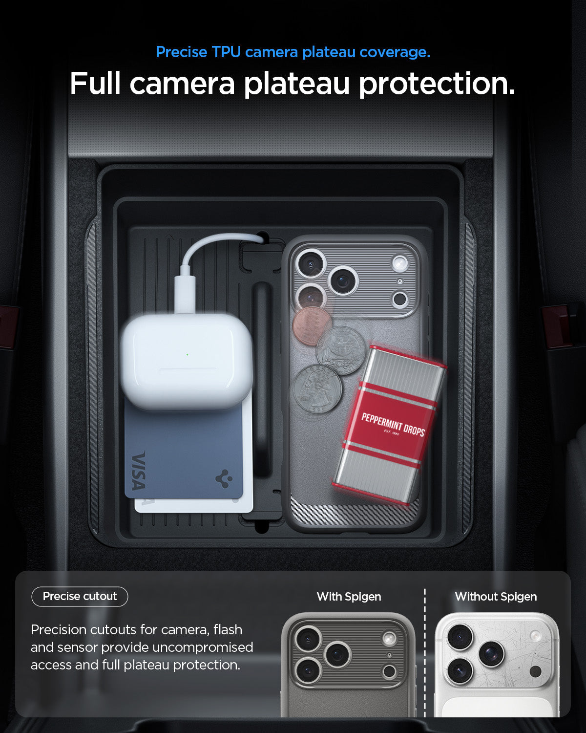 ACS09941 - iPhone 17 Pro Rugged Armor (MagFit) in Gray showing precise TPU camera plateau coverage. Full camera plateau protection.