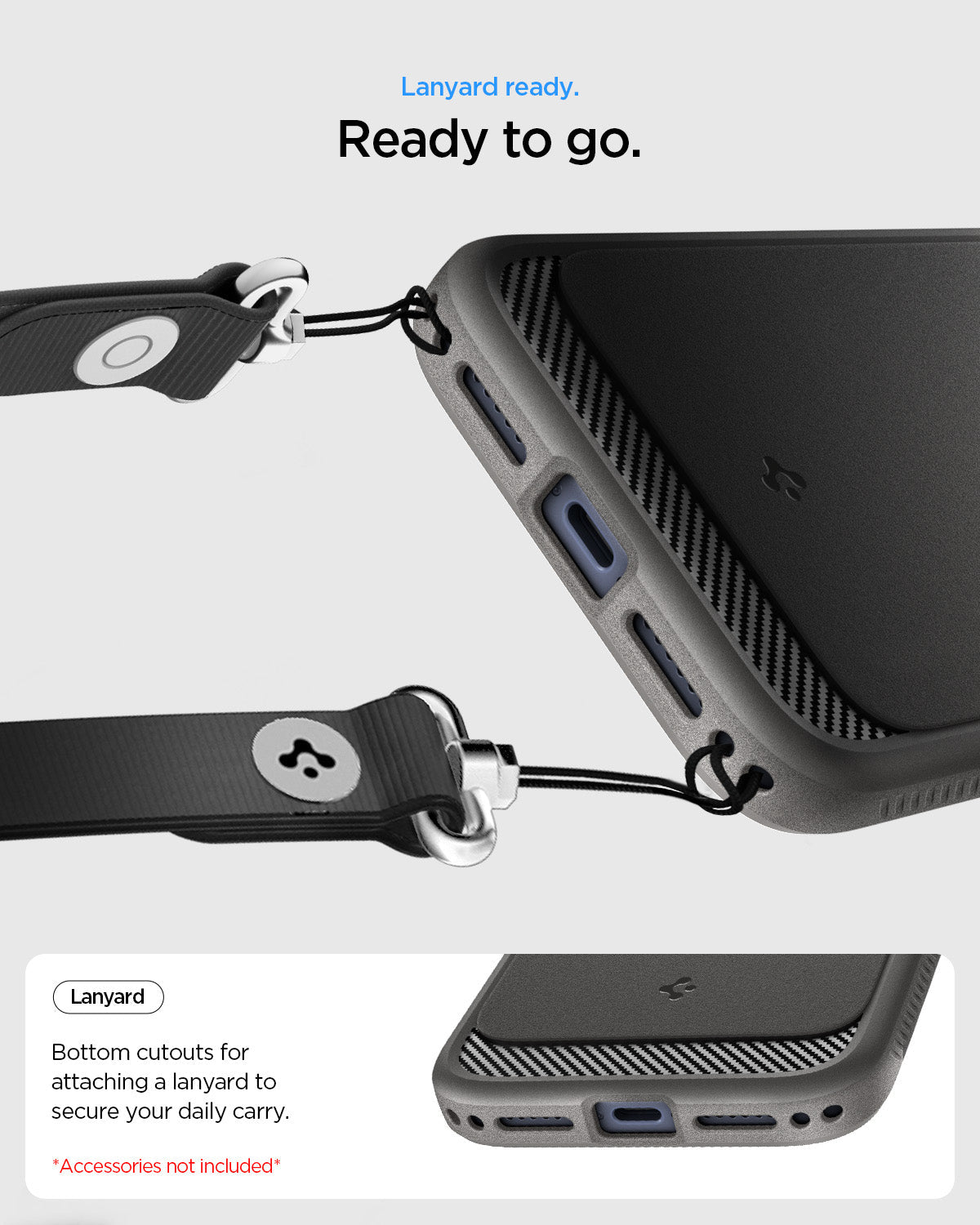ACS09941 - iPhone 17 Pro Rugged Armor (MagFit) in Gray showing lanyard ready. ready to go