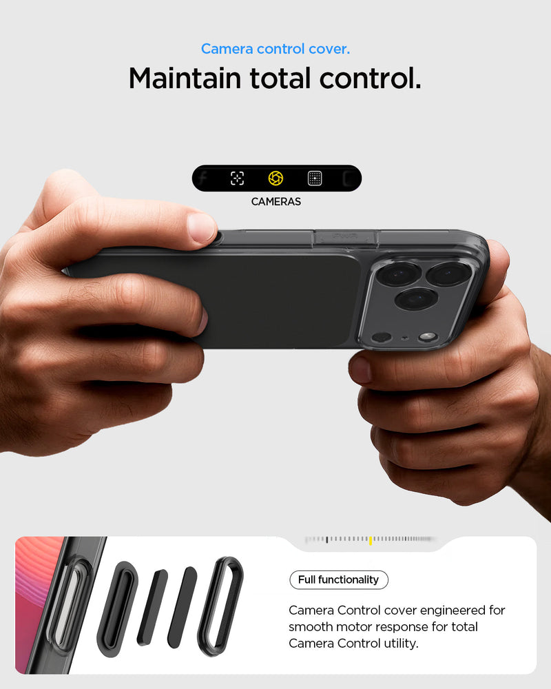 ACS10078 - iPhone 17 Pro Ultra Hybrid T (MagFit) in Matte Black showing camera control cover. Maintain total control. full functionality. camera control cover engineered for smooth motor response for total camera control utility.