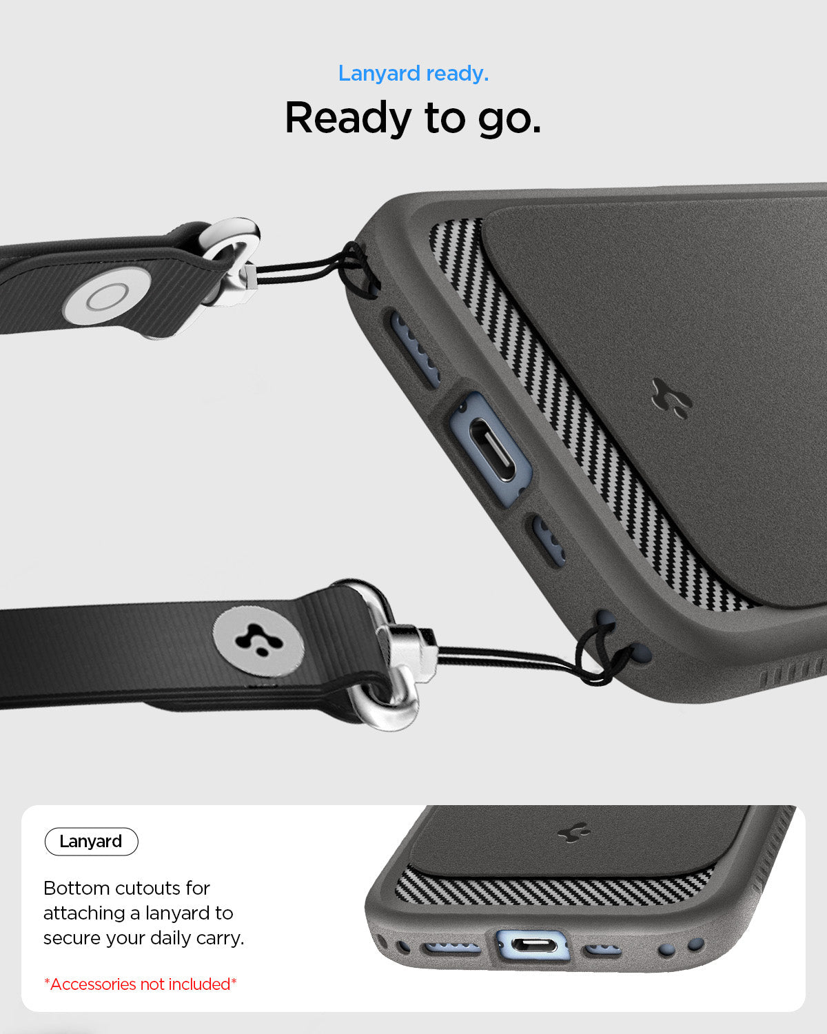 ACS09976 - iPhone 17 Rugged Armor (MagFit) in Gray showing lanyard ready. ready to go