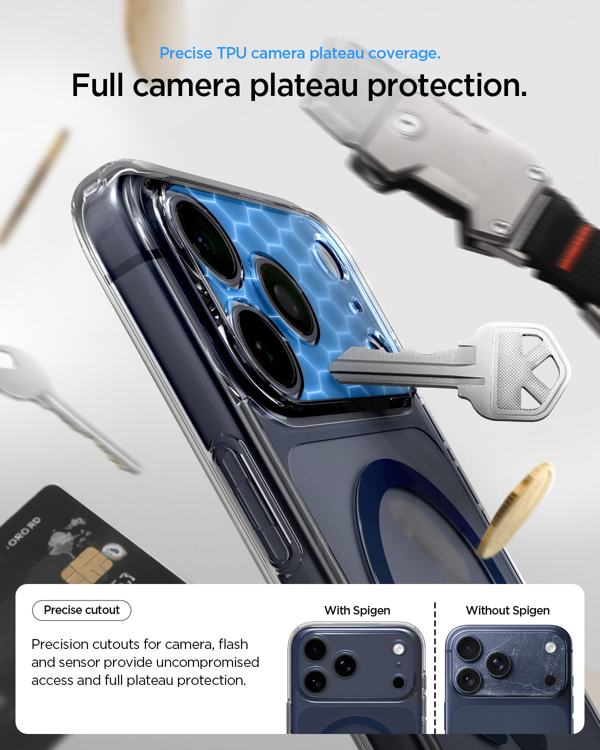 ACS10954 - iPhone 17 Pro Ultra Hybrid (MagFit) in Clear Deep Blue showing precise TPU camera plateau coverage. full camera plateau protection.