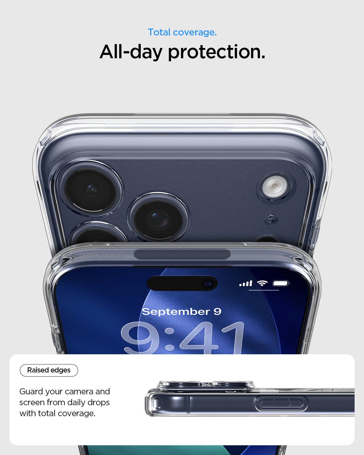 ACS10954 - iPhone 17 Pro Ultra Hybrid (MagFit) in Clear Deep Blue showing total coverage. all day protection. raised edges guard your camera and screen from daily drops with total coverage.