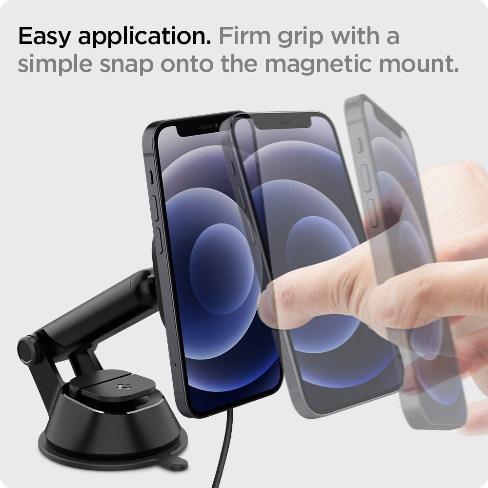 ACP02616 - OneTap Pro Dashboard Car Mount ITS35W (MagFit) in Black showing the Easy application. Firm grip with a simple snap onto the magnetic mount. A hand attaching the device to a car mount