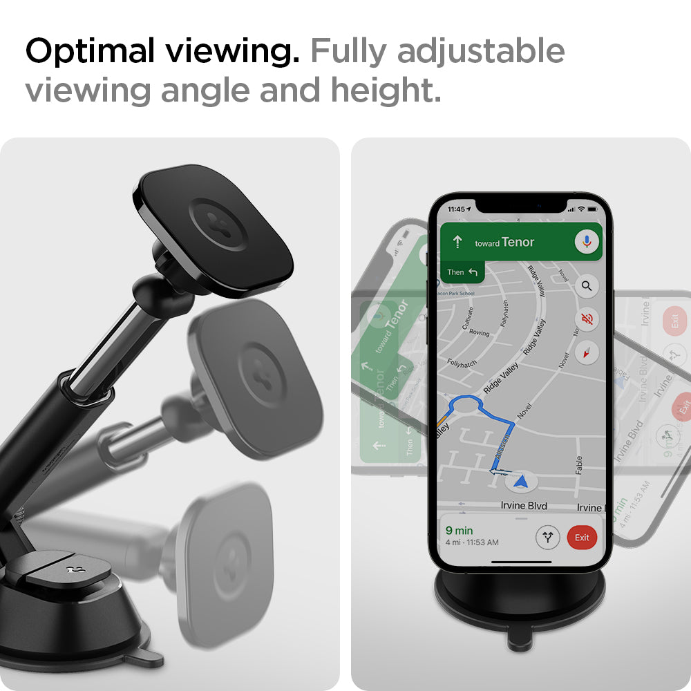 ACP02616 - OneTap Pro Dashboard Car Mount ITS35W (MagFit) in Black showing the Optimal viewing. Fully adjustable viewing angle and height. Showing the side and front of a device attached to a car mount