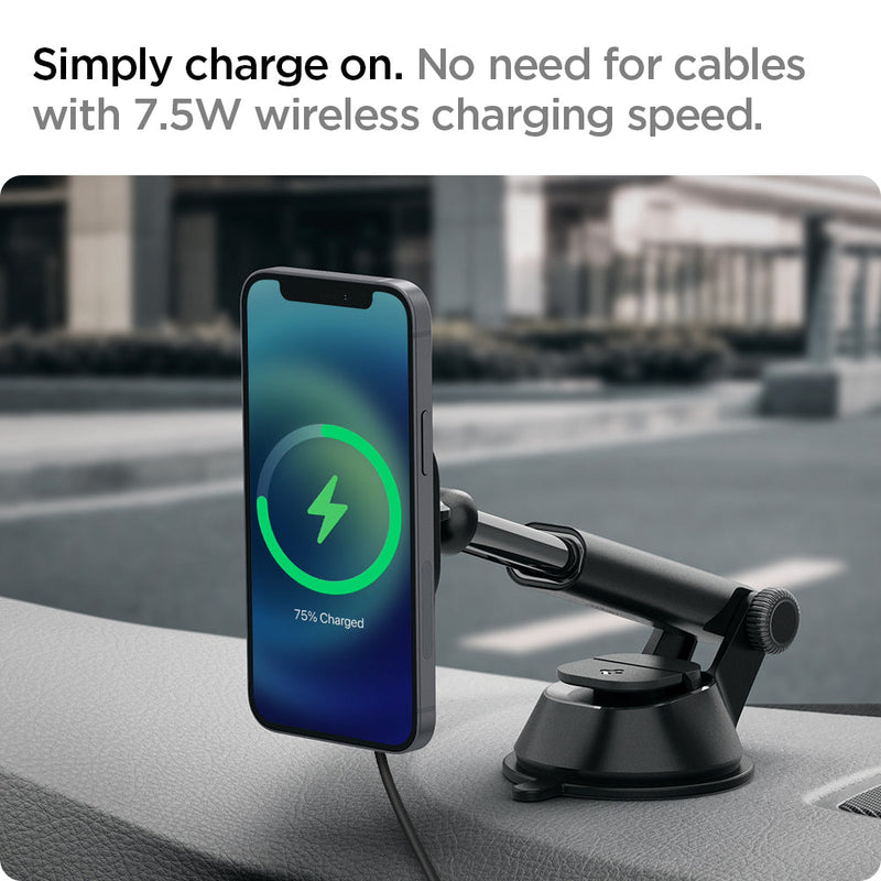 ACP02616 - OneTap Pro Dashboard Car Mount ITS35W (MagFit) in Black showing the Simply charge on. No need for cables with 7.5W wireless charging speed. A device mounted to a car mount while charging