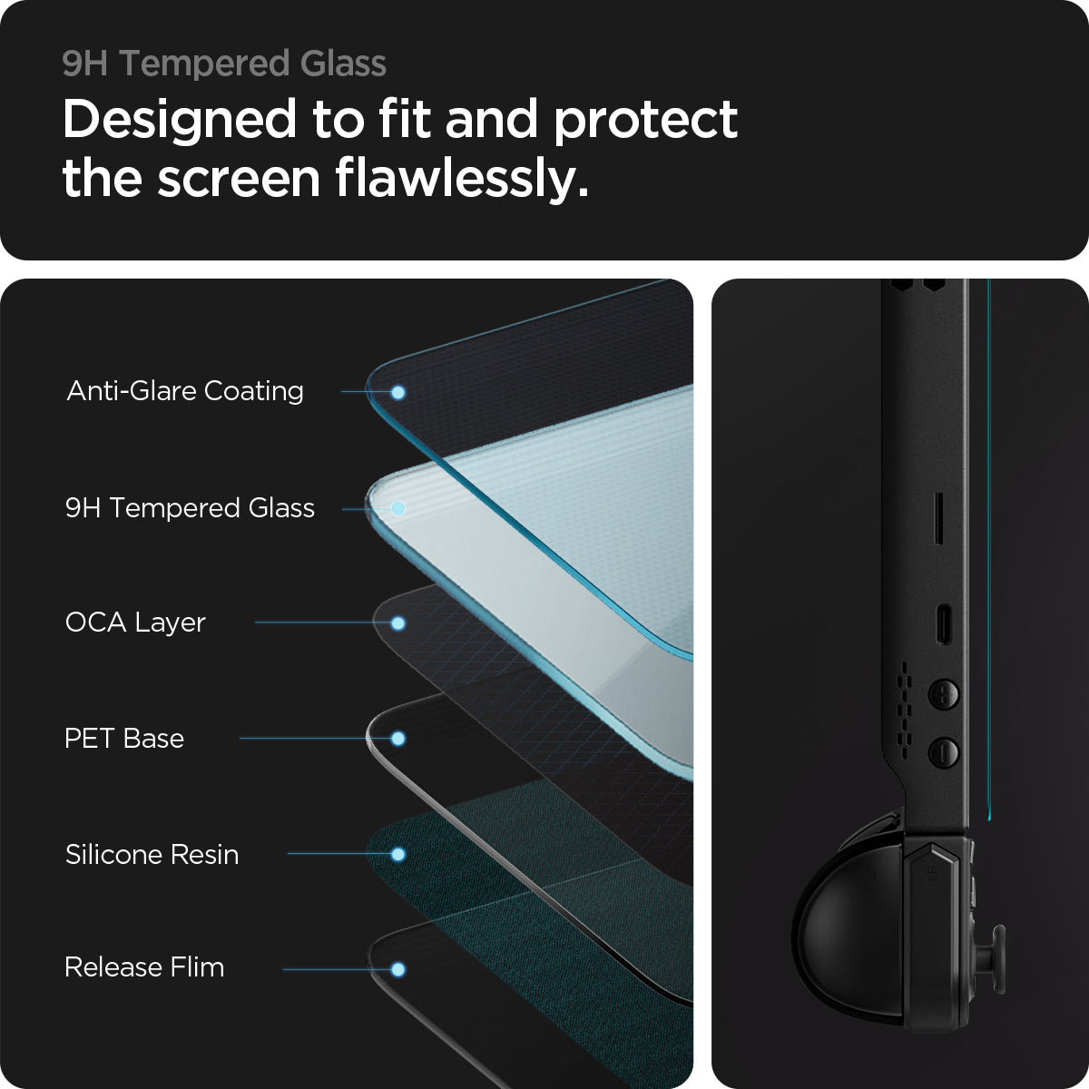 AGL07615 - Lenovo Legion Go GLAS.tR EZ Fit in Clear showing the 9H tempered glass, design to fit and protect the screen flawlessly, anti-coating, 9H temp glass, OCA layer, PET base, silicone resin and release film